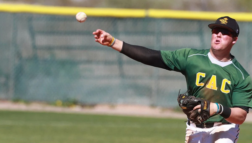 Ryan Ball whips one to first in Cochise game on Tuesday playing second. He went 4-5 as DH with the cycle Thursday night in Phoenix. Photo from Oscar Perez Pinal Central