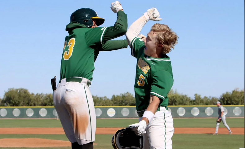 Oscar Perez/PinalCentral 
Central Arizona's Fisher Pyatt, right celebrates his home run with Tyrese Johnson during a game against Glendale Tuesday April 4, 2023 at CAC