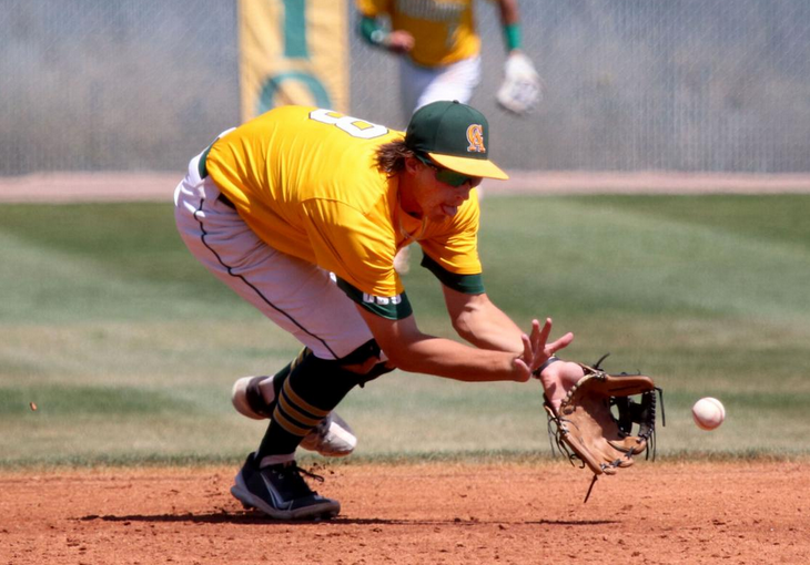 Perfect form from Luke Thiele with grounder against Cochise April 10th at McSwain Field-Photo Maria Vasquez Pinal Central