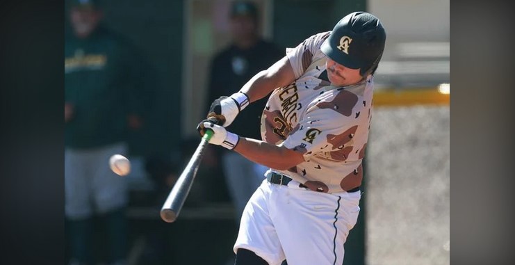 Chip English/PInalCentral 
Central Arizona's Mario Bejarano blasts a three run first inning home run against Yavapai Saturday March 4, 2023 at McSwain Field on the campus of Central Arizona College.