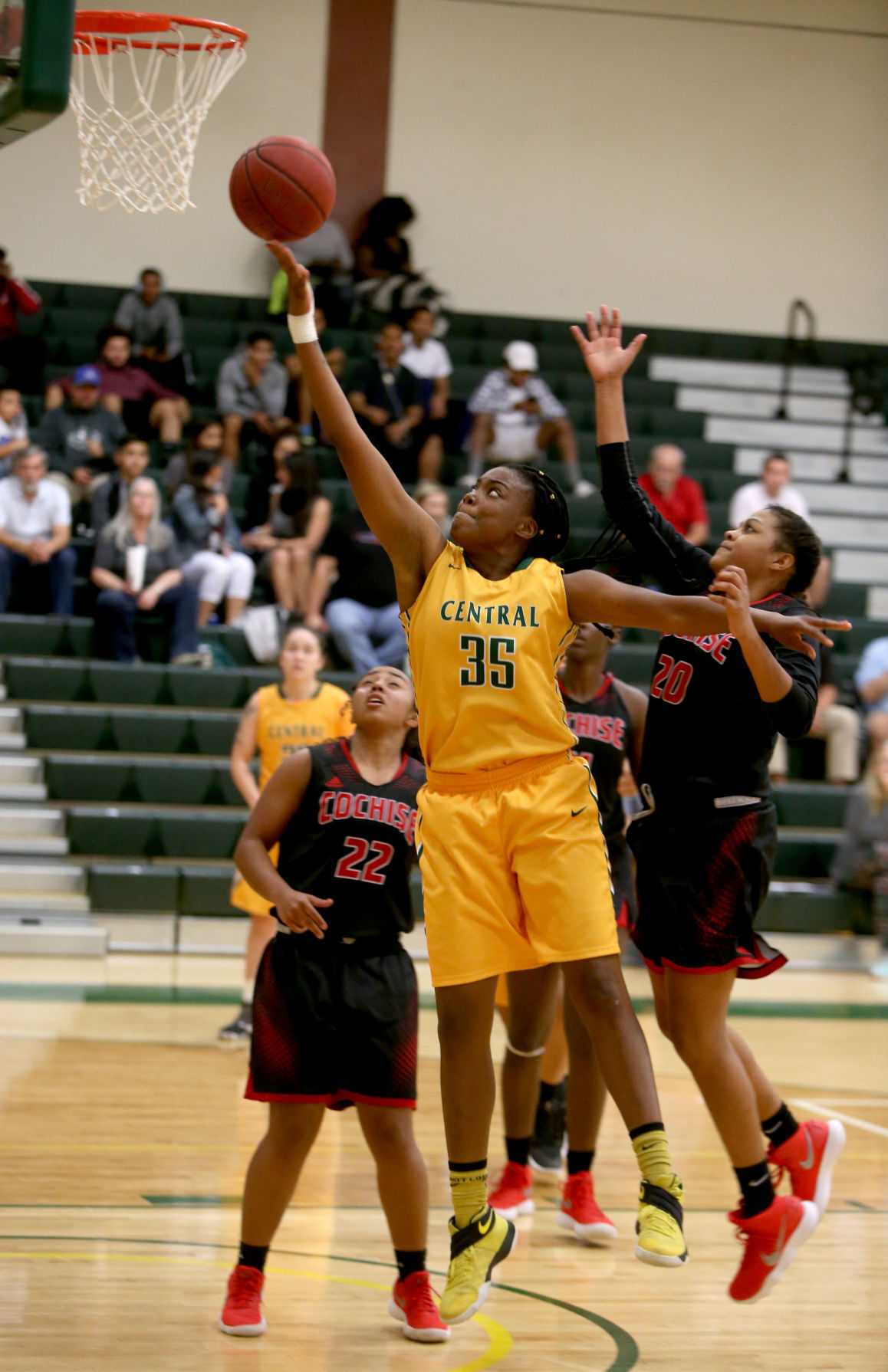 Central Arizona College&rsquo;s Morticia McCall goes for a layup during Wednesday night&rsquo;s game against Cochise at the George Young Activity Center.
Oscar Perez/PinalCentral